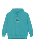 Teal hoodie with a circular design on a white background