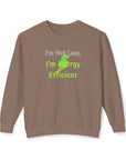 Brown sweatshirt with green text and graphic on a white background