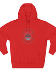 Red hoodie with a graphic design on a white background