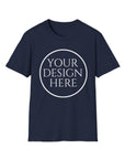 Navy blue t-shirt with 'Your Design Here' text on a white background
