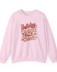 Pink sweatshirt with 'Holiday Calories Don't Count' text on a white background