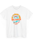 White t-shirt with Halloween graphic design on a white background