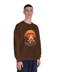 Person wearing a brown sweatshirt with a campfire graphic and text on a white background