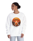 Woman wearing a white sweatshirt with a campfire graphic and text on a white background