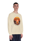 Person wearing a beige sweatshirt with a campfire graphic and text on a white background