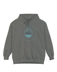 Gray hoodie with a blue logo on a white background