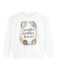 White sweatshirt with 'Sweater Weather Forever' text and autumn-themed design on a white background