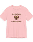 Pink t-shirt with 'Morning Beans Coastal Dreams' text and heart design on a white background