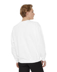 Person wearing a white sweatshirt on a white background