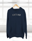 Navy blue hoodie with 'CAT DAD' text on a hanger against a white background