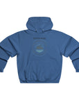 Blue hoodie with a circular logo and text on the back against a white background