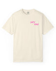 Beige t-shirt with 'Salty Vibes' text in pink on a white background