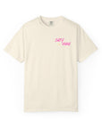 Beige t-shirt with 'Salty Vibes' text in pink on a white background