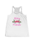 Aloha Mahalo Women's Flowy Racerback Tank - Perfect for Summer Gatherings White Tank Top
