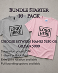 Two t-shirts, one gray and one pink, with 'LOGO HERE' text on a gray background. Text promotes a 10-pack bundle starter offer.