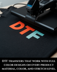 Black t-shirt with 'DTF' printed in orange and green on a heat press machine.