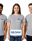 Three people wearing gray t-shirts with 'MyBrand' text, featuring the Gildan logo.