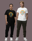 Two people wearing Halloween-themed t-shirts against a plain background
