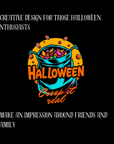 Halloween-themed graphic with colorful text and bag of candy on a black background