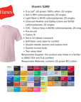 Hanes t-shirt with color chart and specifications on a white background