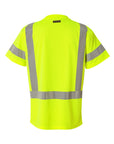 High-visibility yellow safety shirt with reflective stripes on a white background