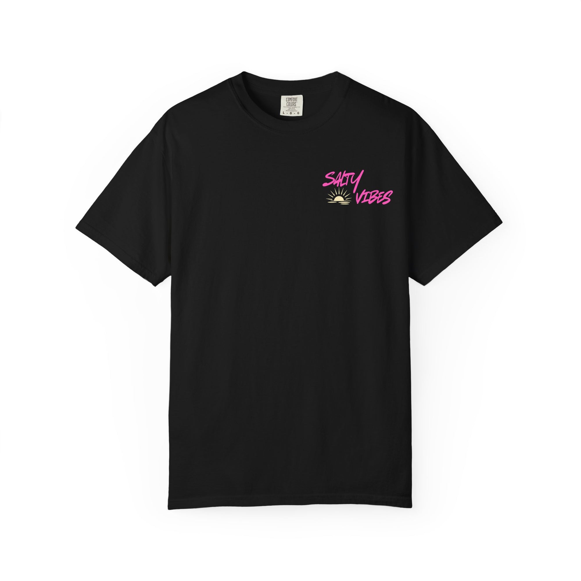 Black t-shirt with 'Salty Vibes' text on a white background