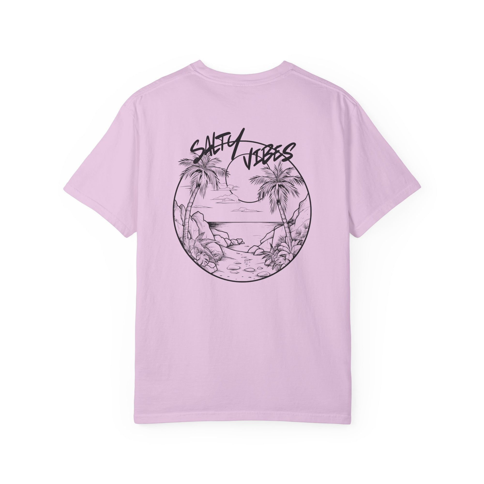Pink t-shirt with 'Salty Vibes' graphic design on a white background