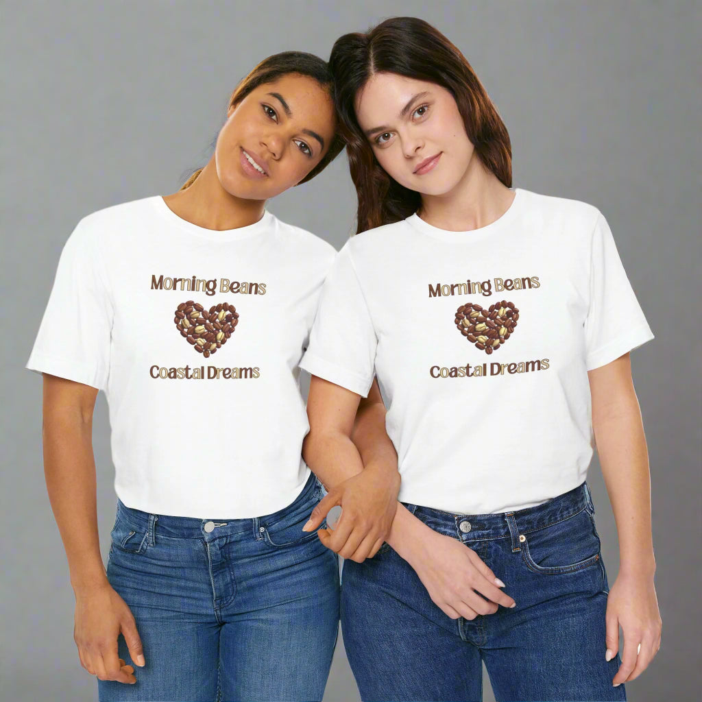 Two people wearing white t-shirts with 'Morning Beans Coastal Dreams' text and heart design.