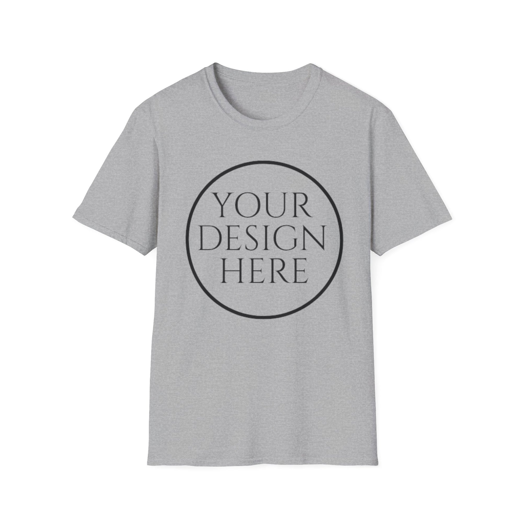 Gray t-shirt with 'Your Design Here' text on a white background