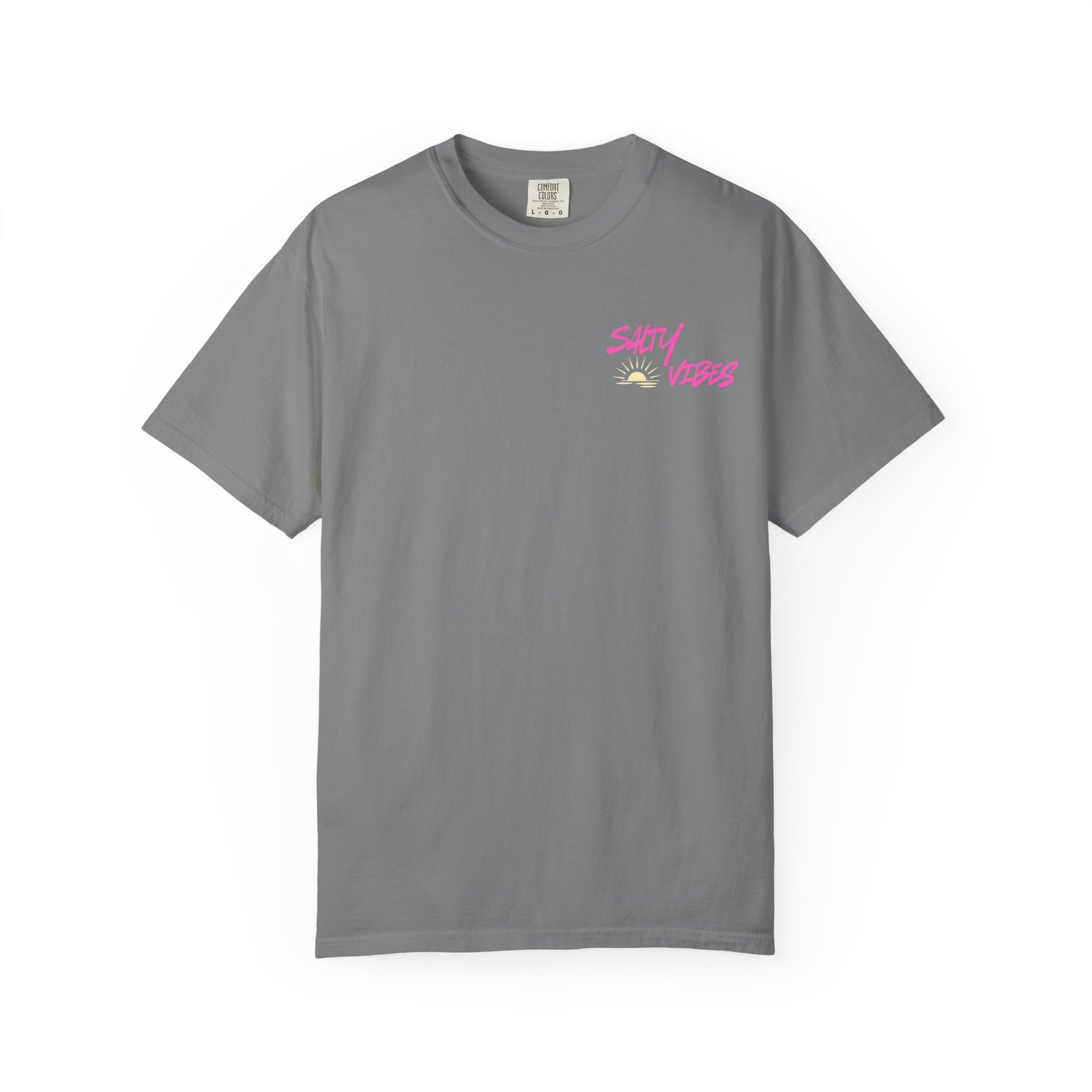 Gray t-shirt with pink and yellow design on a white background