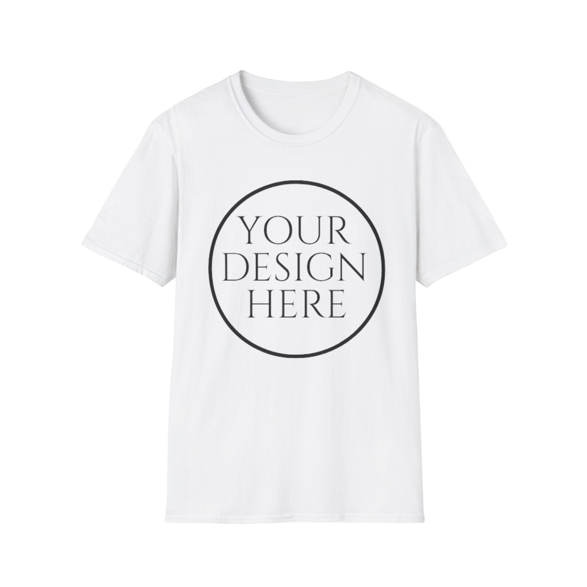 White t-shirt with 'Your Design Here' text on a white background