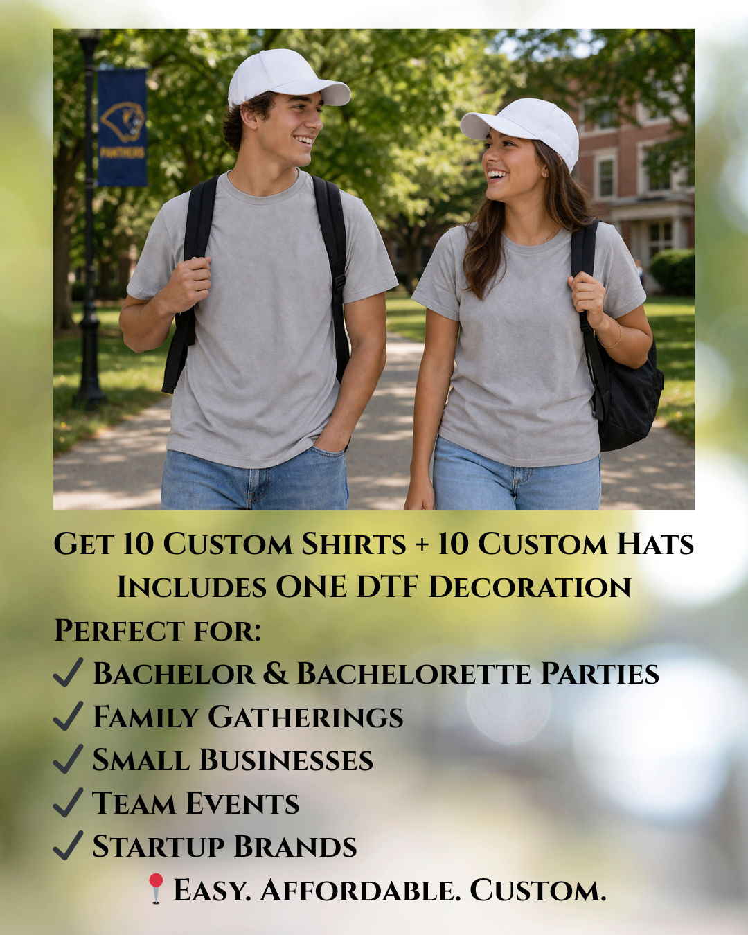 Two people wearing gray shirts and white hats with text about customizable shirts and hats.
