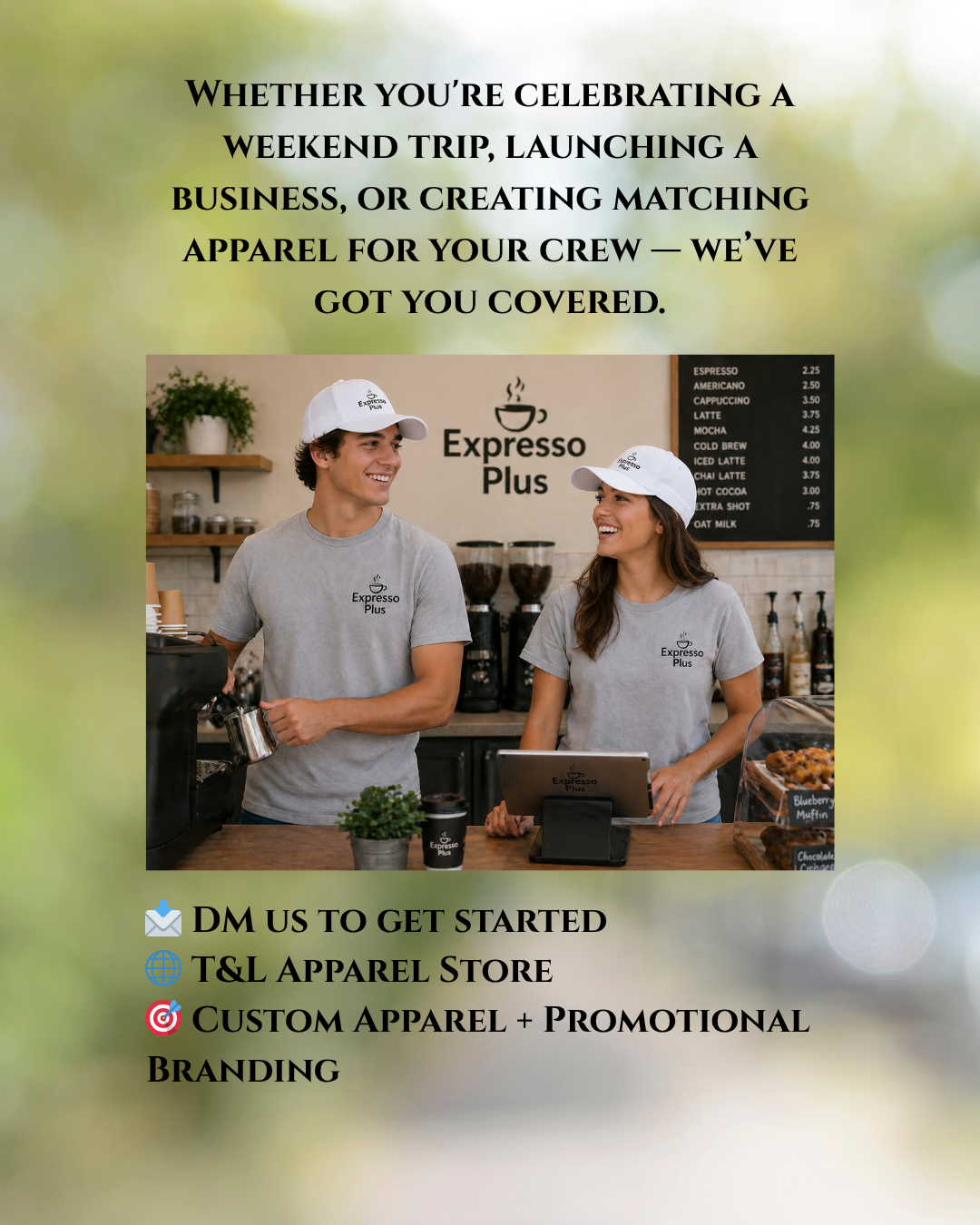 Two people in branded t-shirts standing in a coffee shop with promotional text overlay.