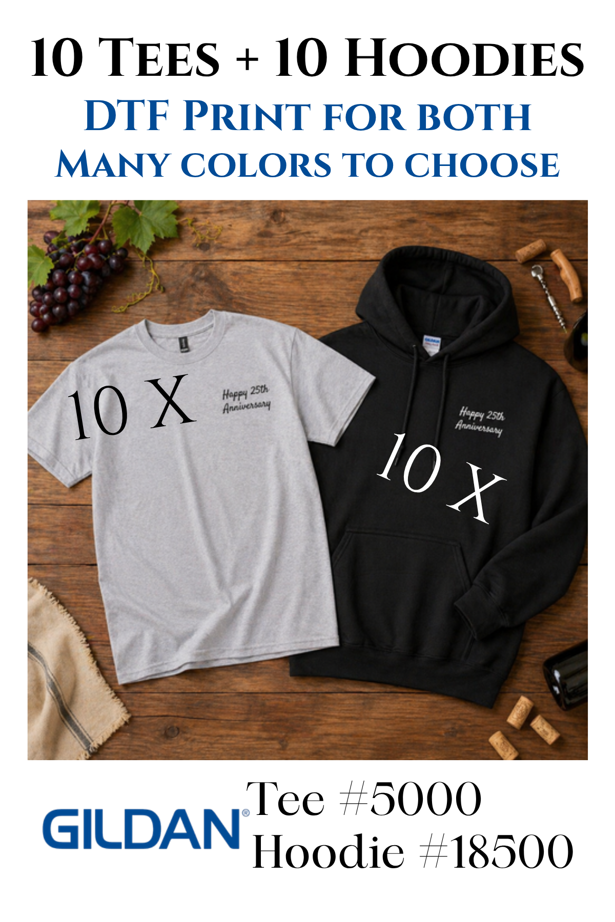 Gray t-shirt and black hoodie with '10 X' print on a wooden surface, featuring Gildan branding.