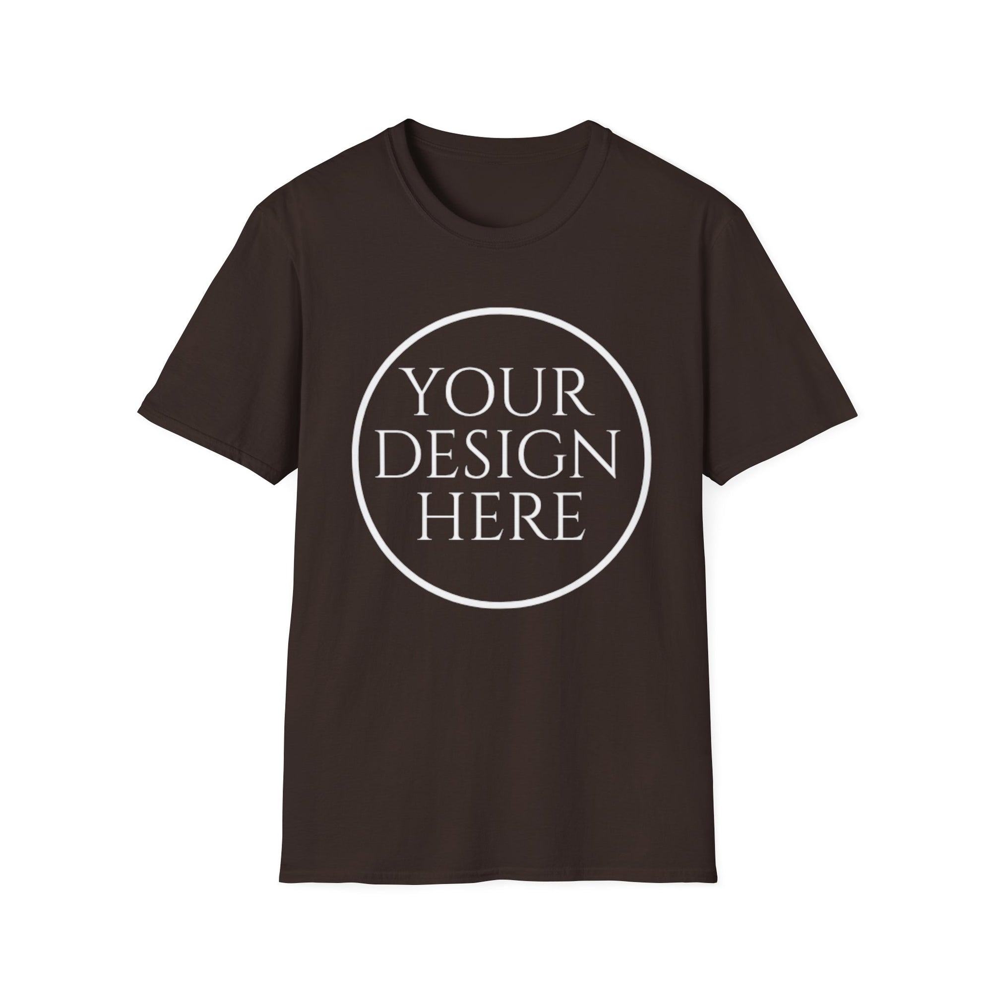 Brown t-shirt with 'Your Design Here' text on a white background