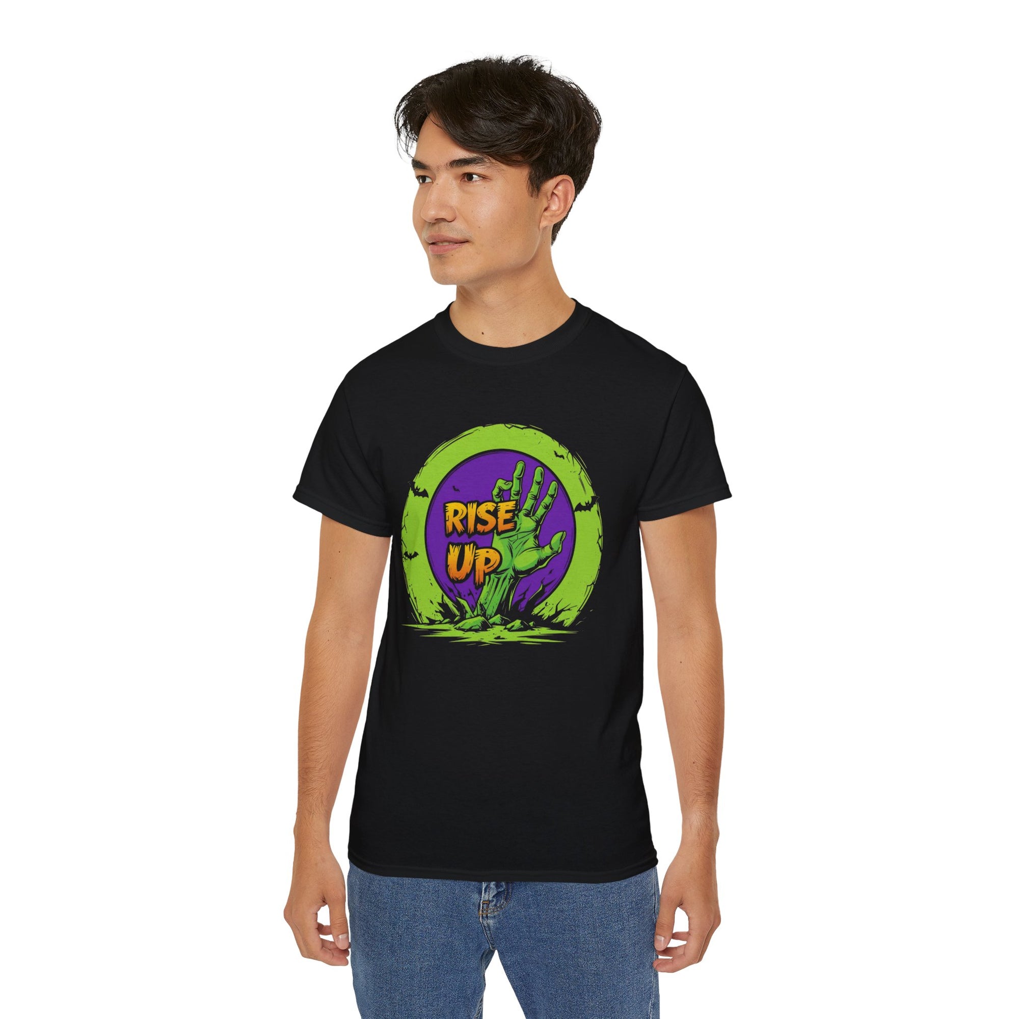 Zombie Themed Unisex Cotton Tee | Rise Up Shirt for Halloween, Casual Wear, Family Gatherings, Horror Fans, Gift Idea