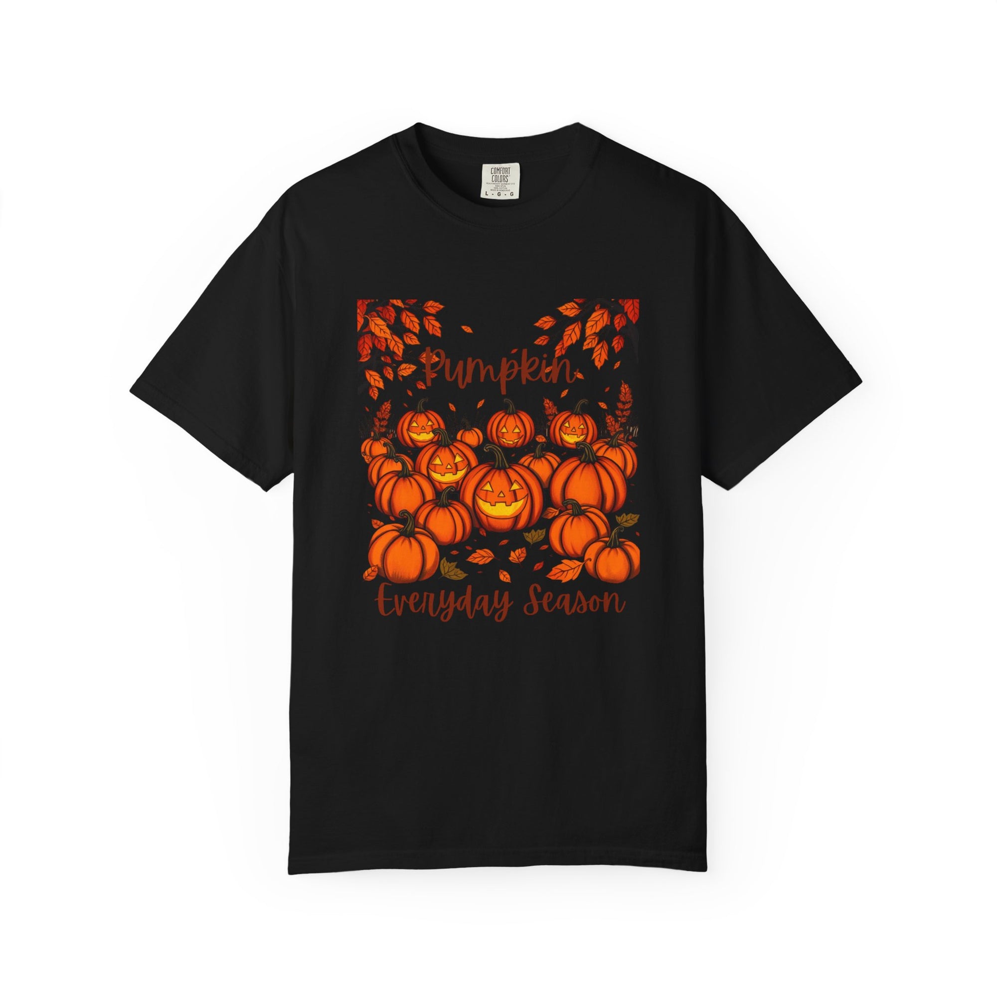 Black t-shirt with orange pumpkin design on a white background