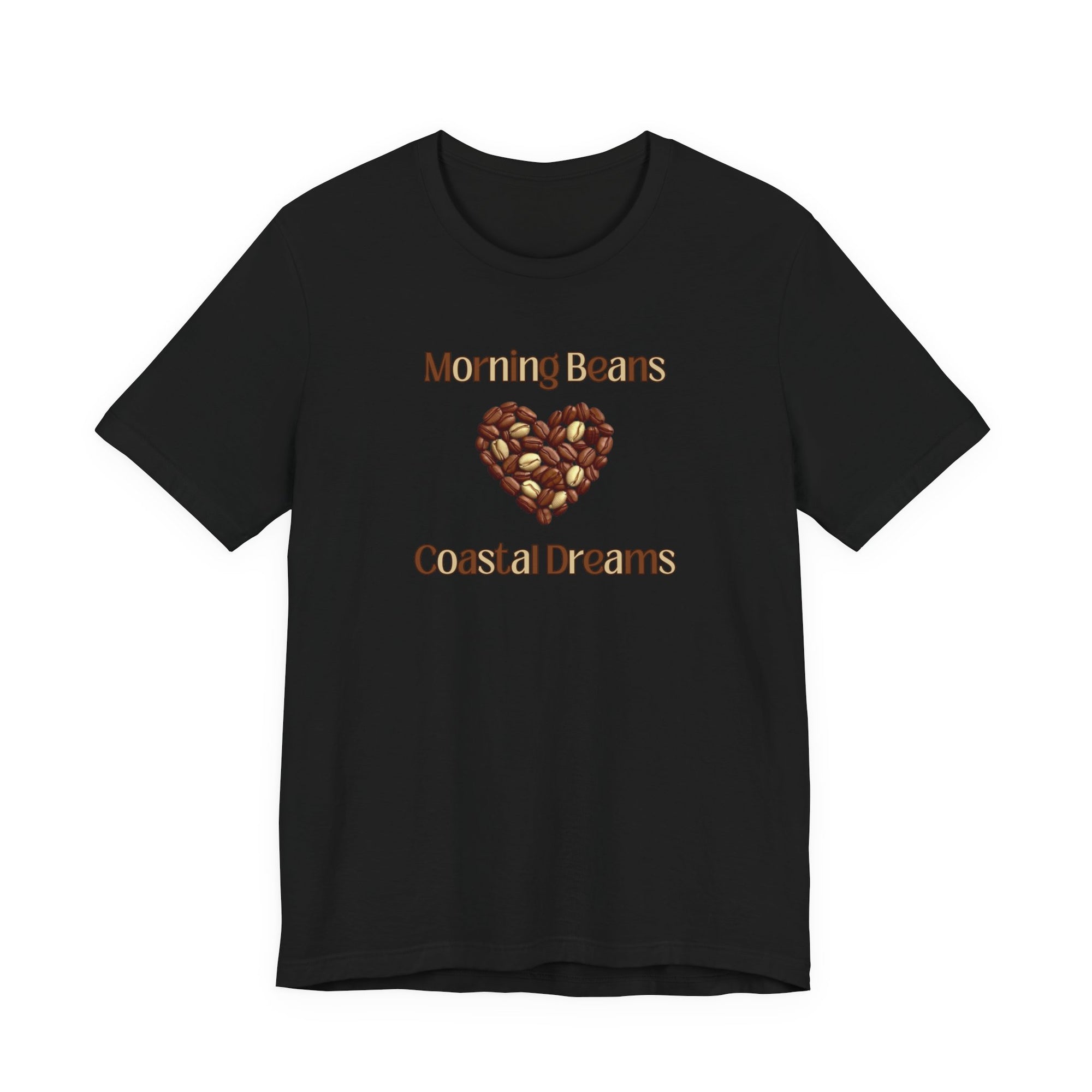 Black t-shirt with 'Morning Beans Coastal Dreams' text and heart design on a white background