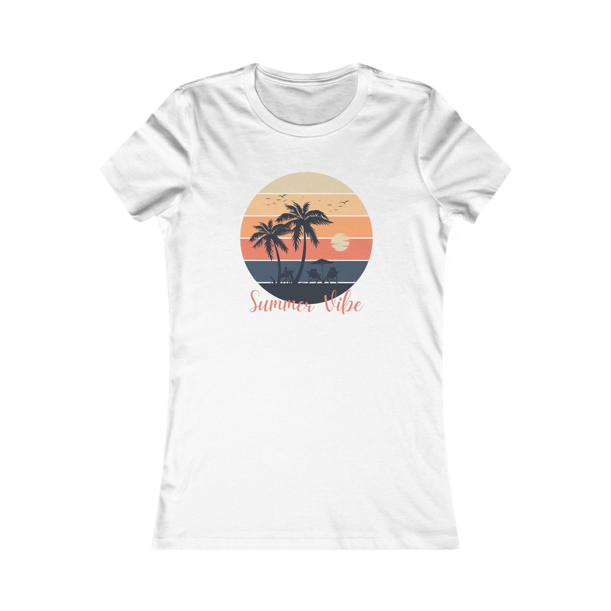 White t-shirt with a 'Summer Vibe' graphic design featuring palm trees and a sunset on a white background.