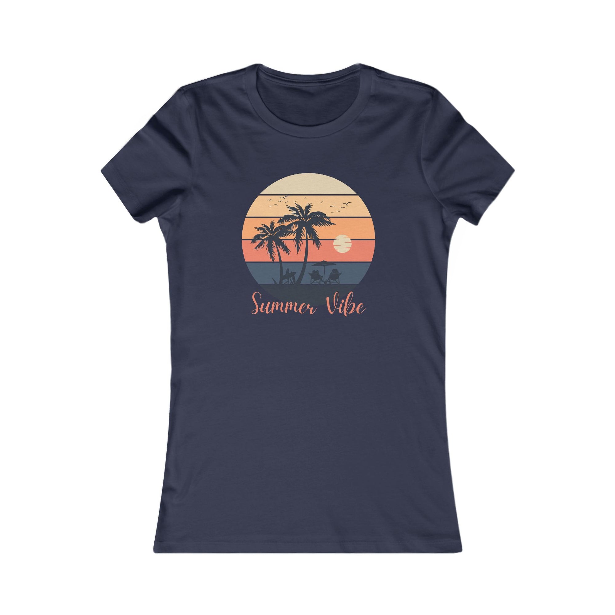 Navy blue t-shirt with a 'Summer Vibe' graphic on a white background