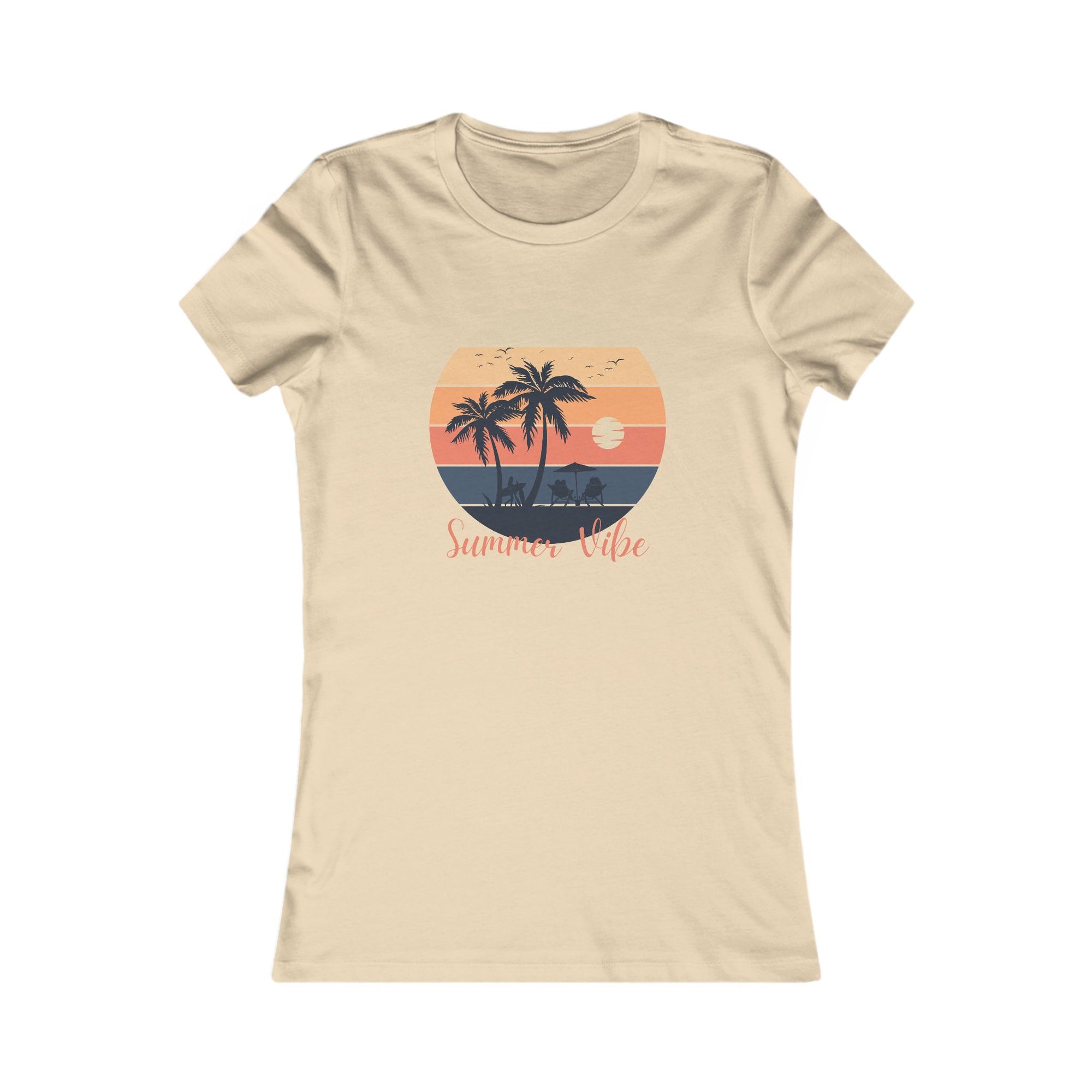 Beige t-shirt with a tropical design featuring palm trees and a sunset, labeled 'Summer Vibe'.