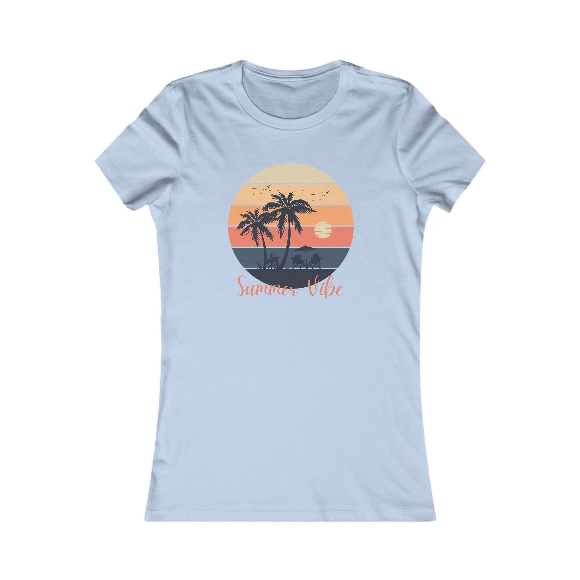 Light blue t-shirt with a tropical graphic and 'Summer Vibe' text on a white background