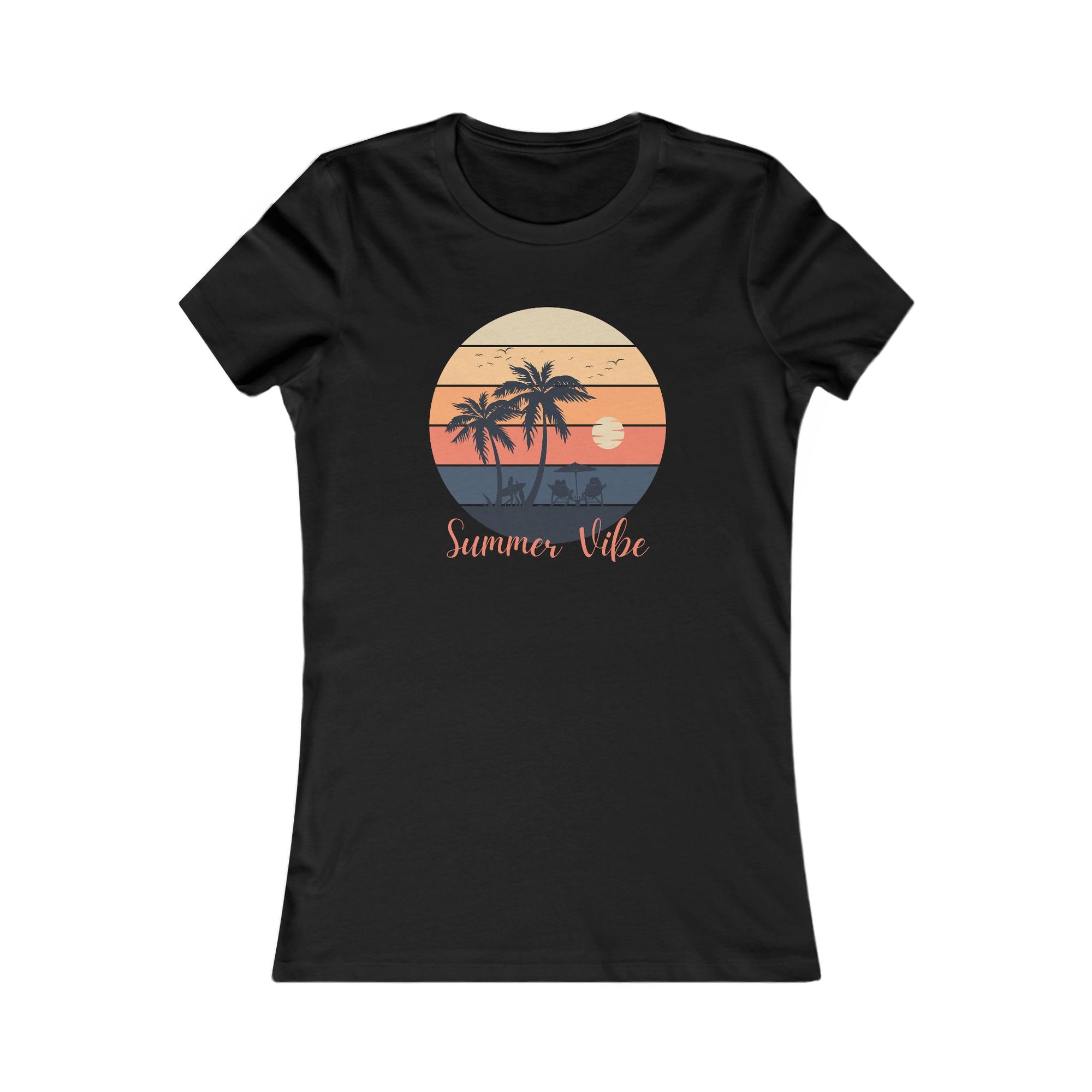 Black t-shirt with a 'Summer Vibe' graphic featuring palm trees and a sunset on a white background.