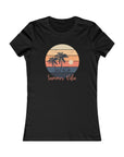 Black t-shirt with a 'Summer Vibe' graphic featuring palm trees and a sunset on a white background.