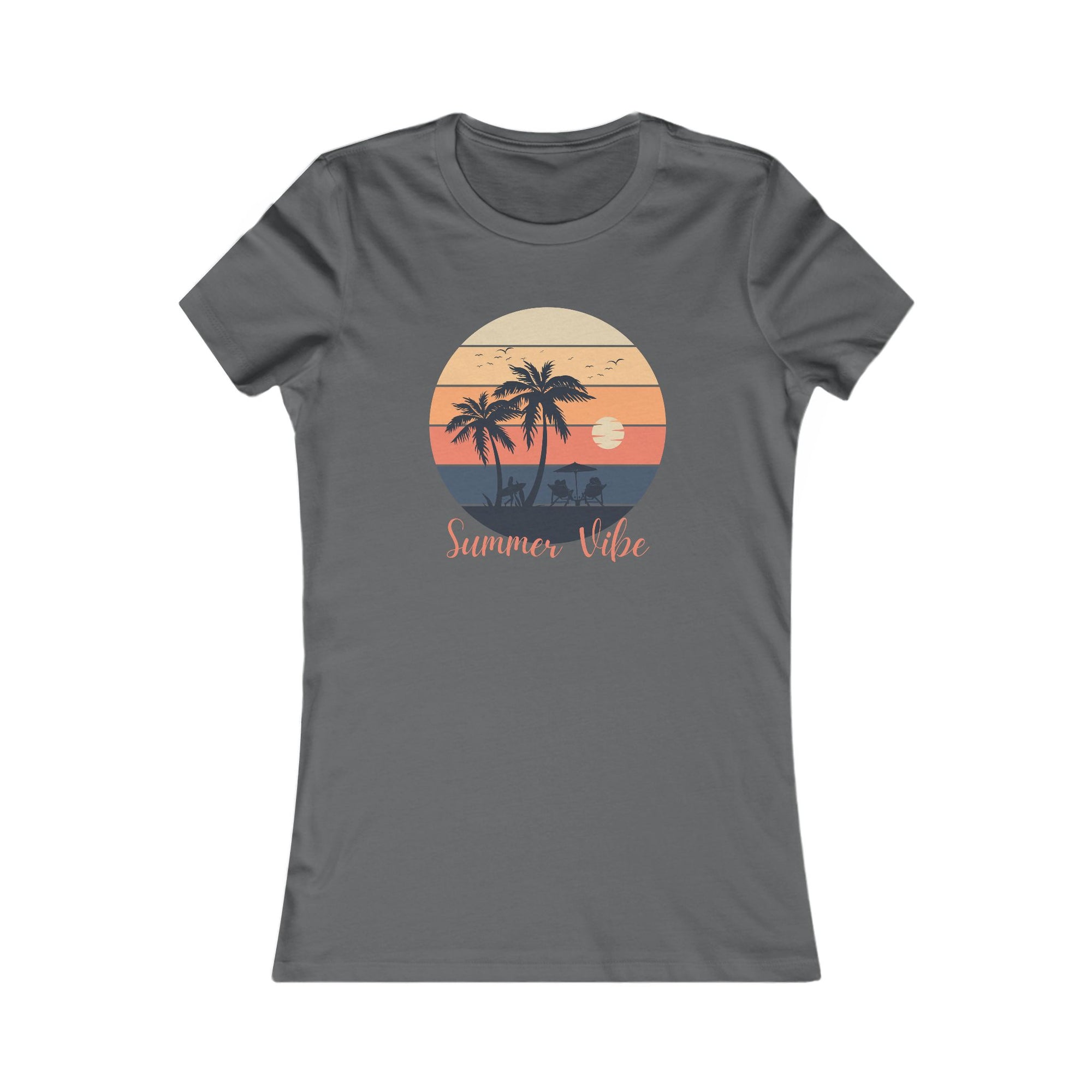 Gray t-shirt with a 'Summer Vibe' graphic featuring palm trees and a sunset on a white background.
