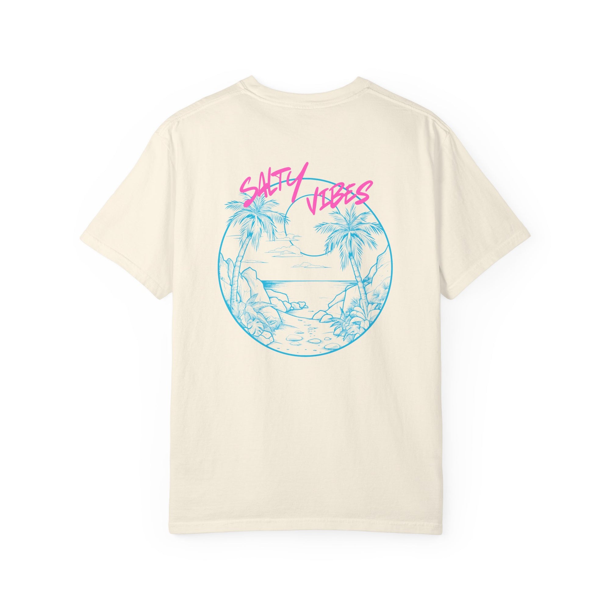 Beige t-shirt with a tropical graphic and 'Salty Vibes' text on a white background