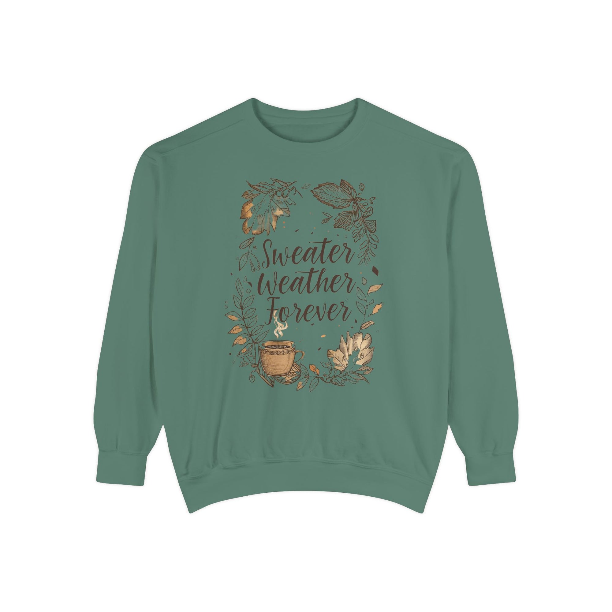 Green sweatshirt with 'Sweater Weather Forever' text and illustrations on a white background