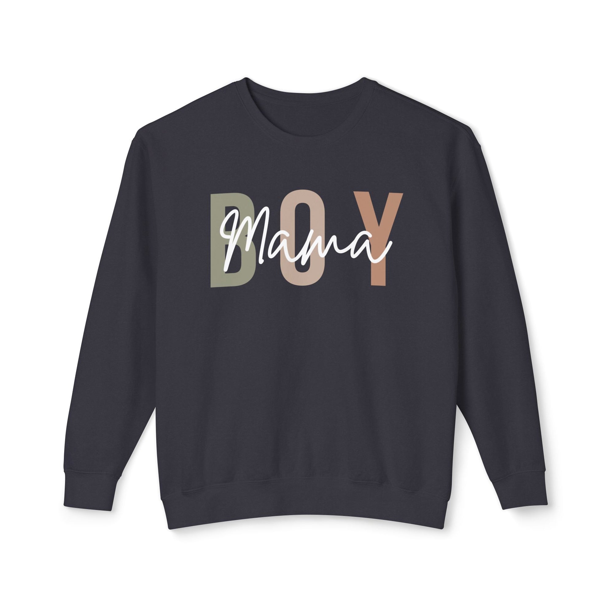 Navy blue sweatshirt with 'BOY MAMA' text on a white background