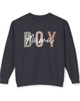 Navy blue sweatshirt with 'BOY MAMA' text on a white background