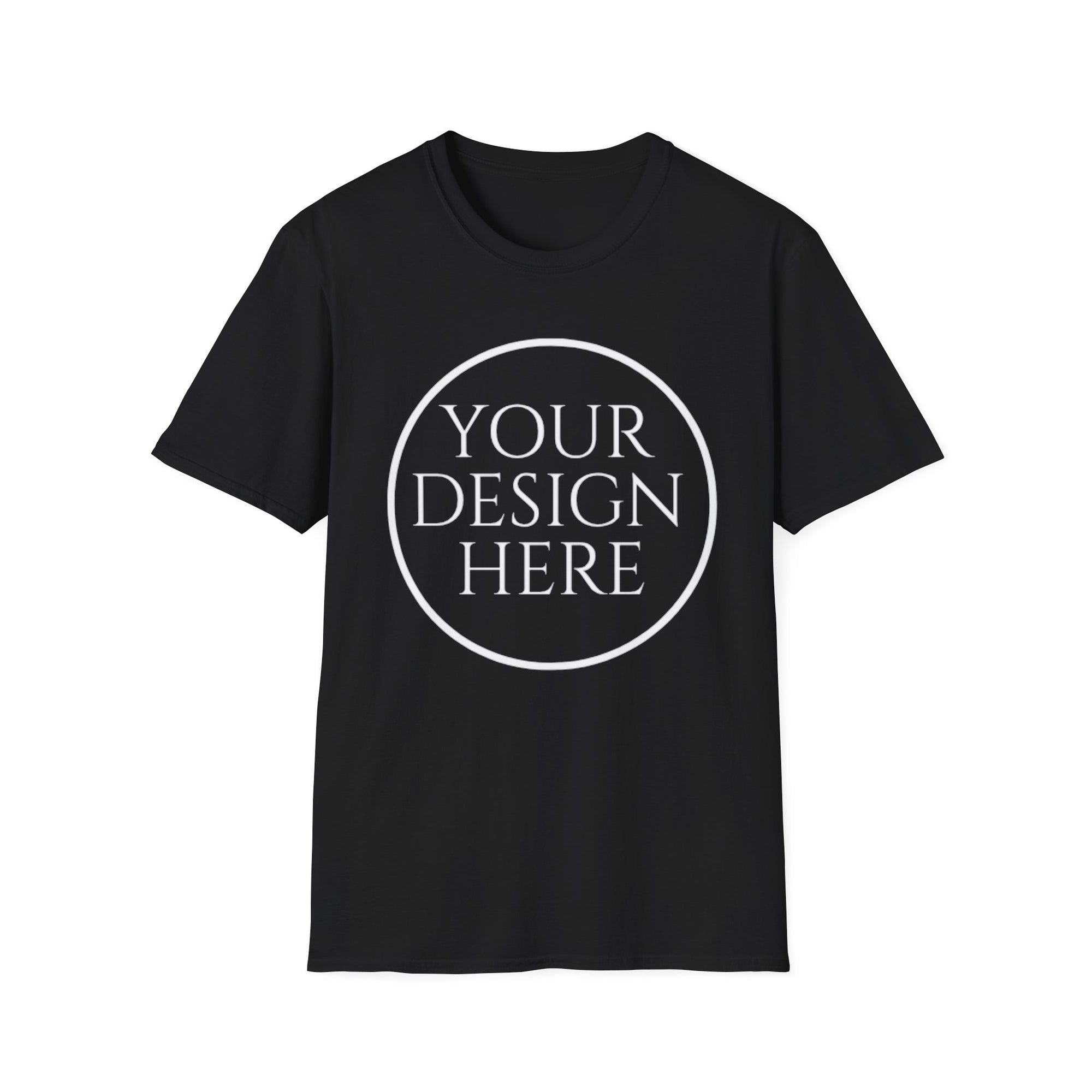 Black t-shirt with 'Your Design Here' text on a white background